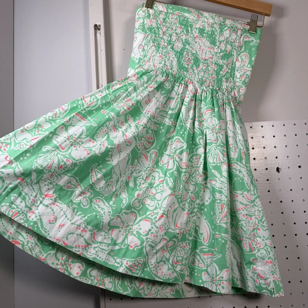 Lilly Pulitzer Strapless Dress Women's XS Green Floral Print Smocked Pleated - Picture 9 of 16